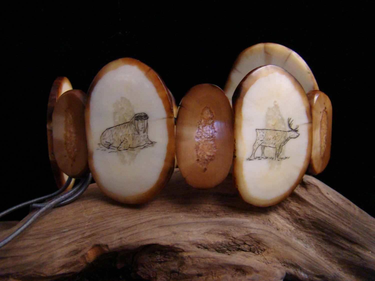 Fossil Walrus Ivory Scrimshaw Man Size Bracelet - Vintage Alaskan