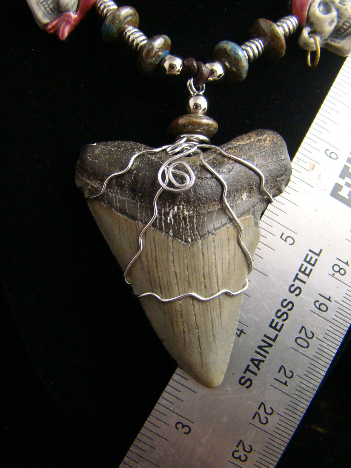 SALE! Fossil " Megalodon Shark " Tooth Necklace -Ceramic Skull Pirate