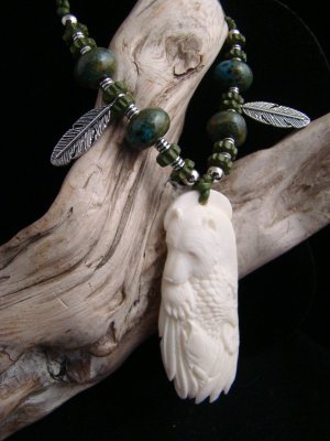 Eagle Bear Salmon Hand Carved Bone Animal Spirit Pendant - Feather and Bead Necklace