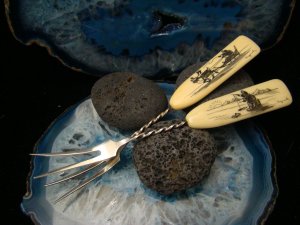 2 Vintage Scrimshaw Raindeer Sled Ice Fisherman Fossil Mammoth Sterling Silver Forks