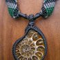 Natural Fossil Prehistoric Ammonite Crystallized Shell Pendant / Necklace - Micro Macrame Hemp Cord