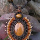 Tigers Eye Gemstone 'Sun Burst' Pendant / Necklace - Micro Macrame Hemp Cord