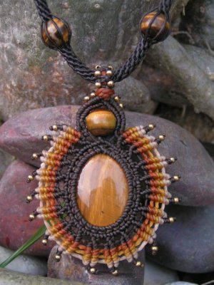 Tigers Eye Gemstone 'Sun Burst' Pendant / Necklace - Micro Macrame Hemp Cord